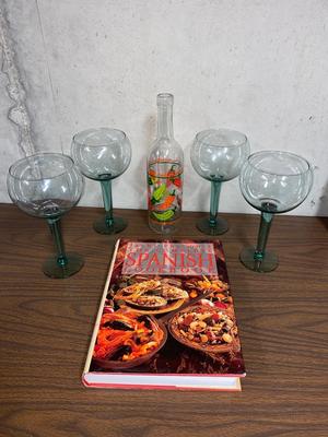 MARGARITA GLASSES, SPANISH COOKBOOK, AND DECORATIVE PEPPER BOTTLE