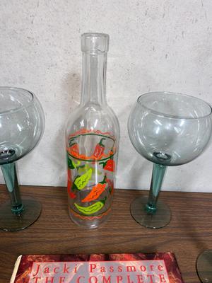 MARGARITA GLASSES, SPANISH COOKBOOK, AND DECORATIVE PEPPER BOTTLE