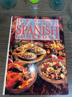 MARGARITA GLASSES, SPANISH COOKBOOK, AND DECORATIVE PEPPER BOTTLE