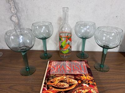 MARGARITA GLASSES, SPANISH COOKBOOK, AND DECORATIVE PEPPER BOTTLE