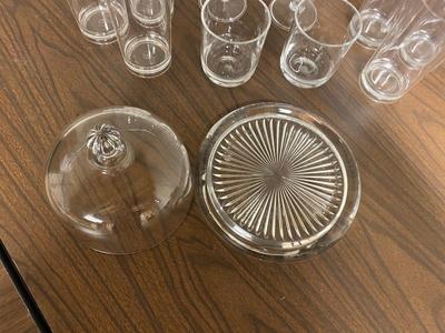 PLASTIC TUMBLERS AND WINE GLASSES, GLASS SERVING PLATTER