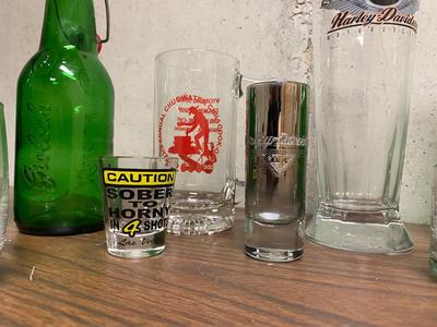 SHOT GLASSES, HARLEY DAVIDSON COLLECTABLE GLASS, JACK DANIEL’S GLASSES AND MORE