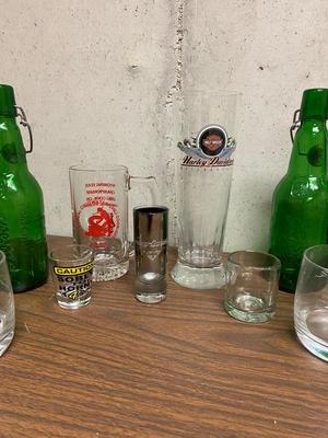 SHOT GLASSES, HARLEY DAVIDSON COLLECTABLE GLASS, JACK DANIEL’S GLASSES AND MORE