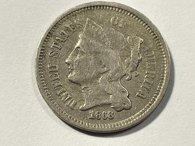 1868 CIRCULATED CONDITION THREE CENT NICKEL TYPE COIN AS PICTURED. FREE DOMESTIC SHIPPING.