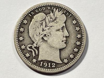 1912-P VG/FINE CONDITION BARBER SILVER QUARTER AS PICTURED. FREE DOMESTIC SHIPPING.