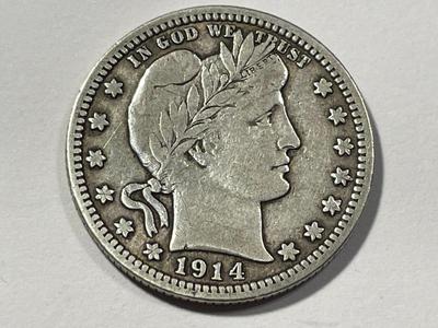 1914-P VERY FINE CONDITION BARBER SILVER QUARTER AS PICTURED. FREE DOMESTIC SHIPPING.