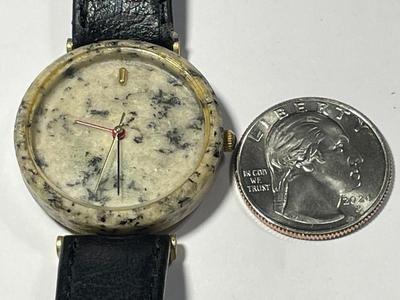 Vintage Scarce Tuscany Granite Gray Stone Quartz Wristwatch Black Swiss Made (Needs Battery & a New Watch Band) Preowned from an Estate.