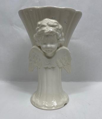 Cream Colored Ceramic Pottery Vase Angel Motif