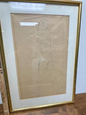 Framed Print of a Gustav Klimt Pencil Drawing of Standing Nude Woman