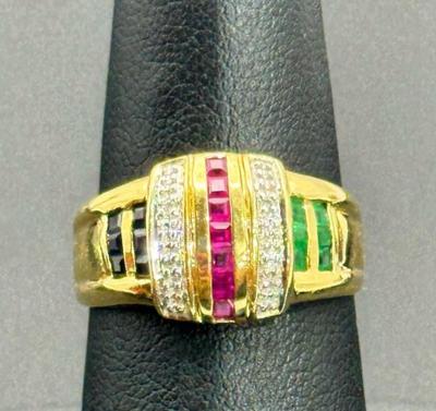 14 k gold diamond ,ruby,sapphire ring size 7
