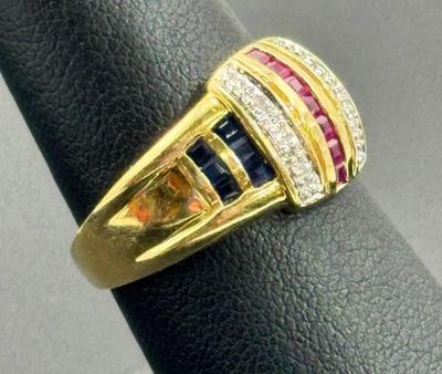 14 k gold diamond ,ruby,sapphire ring size 7