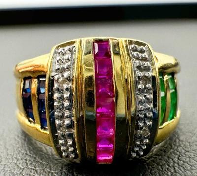 14 k gold diamond ,ruby,sapphire ring size 7