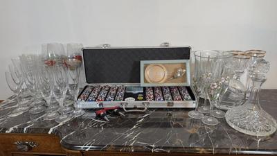 LOT 71F: Poker Chips Set, Variety of Champagne Flutes, Decanters, Crystal Ice Bucket & More