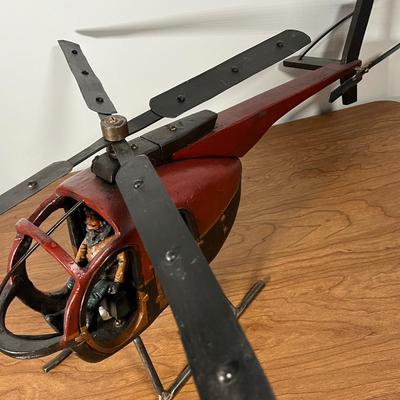 LOT 82L: Vintage Wood and Metal Helicopter Folk Art with Movable Blades / Rotors