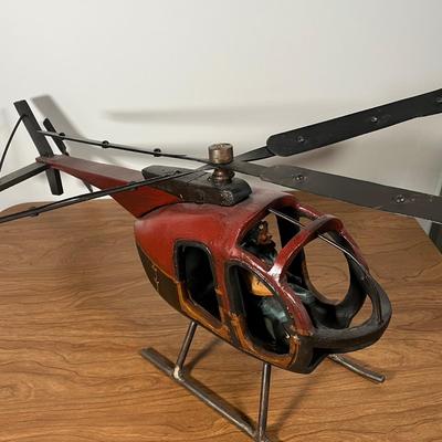 LOT 82L: Vintage Wood and Metal Helicopter Folk Art with Movable Blades / Rotors
