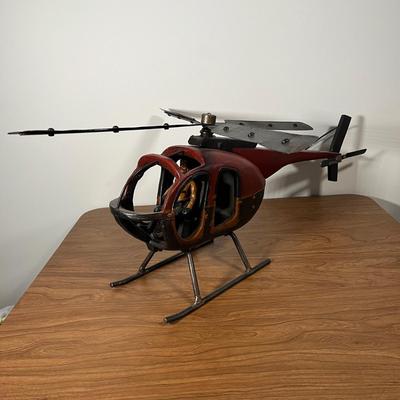 LOT 82L: Vintage Wood and Metal Helicopter Folk Art with Movable Blades / Rotors