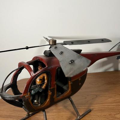 LOT 82L: Vintage Wood and Metal Helicopter Folk Art with Movable Blades / Rotors