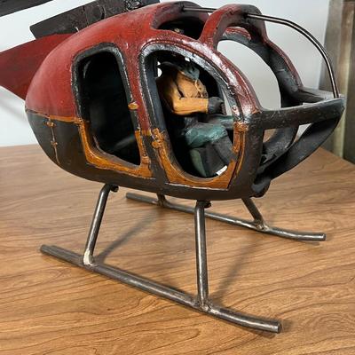 LOT 82L: Vintage Wood and Metal Helicopter Folk Art with Movable Blades / Rotors