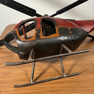 LOT 82L: Vintage Wood and Metal Helicopter Folk Art with Movable Blades / Rotors