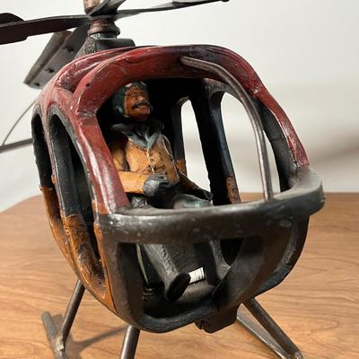 LOT 82L: Vintage Wood and Metal Helicopter Folk Art with Movable Blades / Rotors