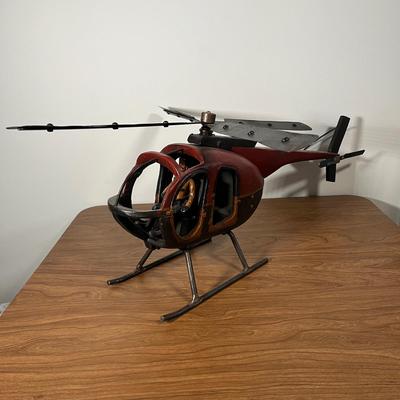 LOT 82L: Vintage Wood and Metal Helicopter Folk Art with Movable Blades / Rotors
