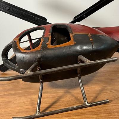 LOT 82L: Vintage Wood and Metal Helicopter Folk Art with Movable Blades / Rotors