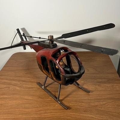LOT 82L: Vintage Wood and Metal Helicopter Folk Art with Movable Blades / Rotors