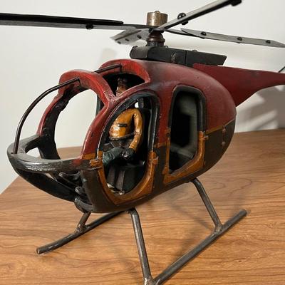 LOT 82L: Vintage Wood and Metal Helicopter Folk Art with Movable Blades / Rotors