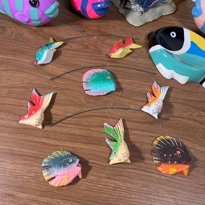 LOT 88L: Nautical Fish-Themed Home Decor Collection - Bathroom Set, Candles, Mobile, Lamp