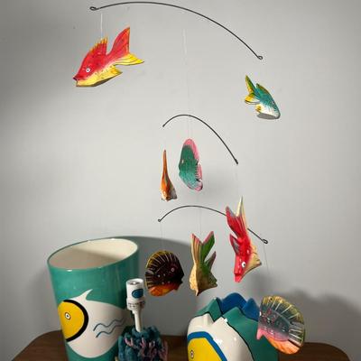 LOT 88L: Nautical Fish-Themed Home Decor Collection - Bathroom Set, Candles, Mobile, Lamp