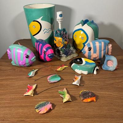 LOT 88L: Nautical Fish-Themed Home Decor Collection - Bathroom Set, Candles, Mobile, Lamp