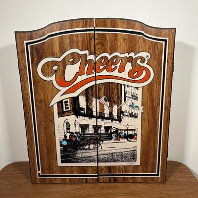LOT 89L: British Made Tournament Dart Board in Oxford "Cheers" Cabinet