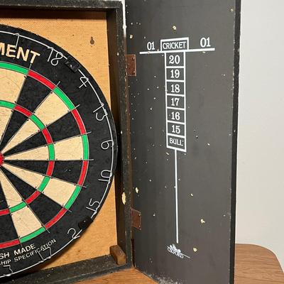 LOT 89L: British Made Tournament Dart Board in Oxford "Cheers" Cabinet