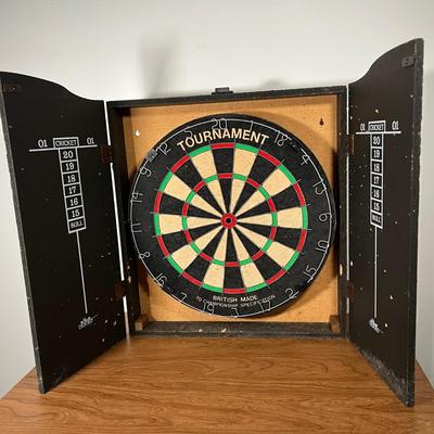 LOT 89L: British Made Tournament Dart Board in Oxford "Cheers" Cabinet