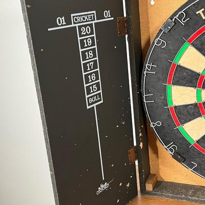 LOT 89L: British Made Tournament Dart Board in Oxford "Cheers" Cabinet