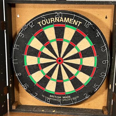 LOT 89L: British Made Tournament Dart Board in Oxford "Cheers" Cabinet
