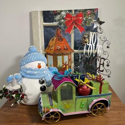 LOT 95L: Christmas Decorations - Metal Truck, Ceramic Snowman, LED Light-Up Picture and More