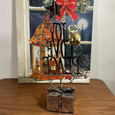 LOT 95L: Christmas Decorations - Metal Truck, Ceramic Snowman, LED Light-Up Picture and More