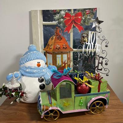 LOT 95L: Christmas Decorations - Metal Truck, Ceramic Snowman, LED Light-Up Picture and More