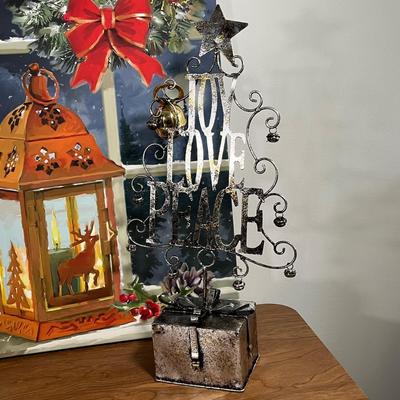 LOT 95L: Christmas Decorations - Metal Truck, Ceramic Snowman, LED Light-Up Picture and More