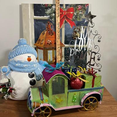LOT 95L: Christmas Decorations - Metal Truck, Ceramic Snowman, LED Light-Up Picture and More