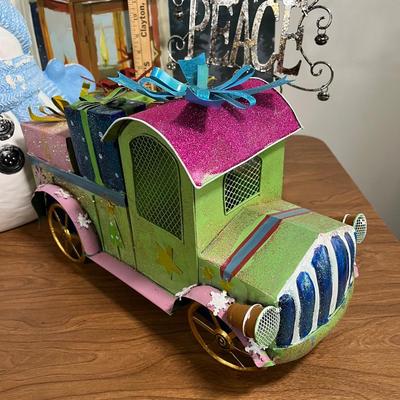 LOT 95L: Christmas Decorations - Metal Truck, Ceramic Snowman, LED Light-Up Picture and More