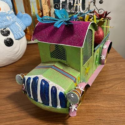 LOT 95L: Christmas Decorations - Metal Truck, Ceramic Snowman, LED Light-Up Picture and More