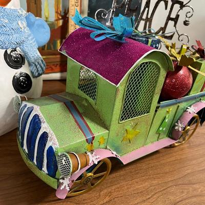 LOT 95L: Christmas Decorations - Metal Truck, Ceramic Snowman, LED Light-Up Picture and More