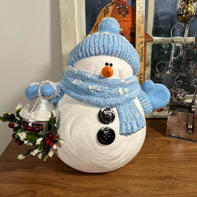 LOT 95L: Christmas Decorations - Metal Truck, Ceramic Snowman, LED Light-Up Picture and More