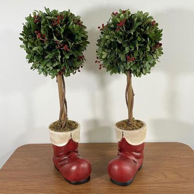 LOT 96L: Christmas Decor - Heavy Duty Heirloom Iron Christmas Tree Stand, Topiaries, Light-Up Pictures