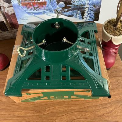 LOT 96L: Christmas Decor - Heavy Duty Heirloom Iron Christmas Tree Stand, Topiaries, Light-Up Pictures