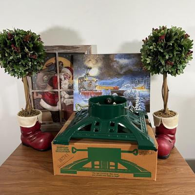 LOT 96L: Christmas Decor - Heavy Duty Heirloom Iron Christmas Tree Stand, Topiaries, Light-Up Pictures