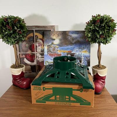LOT 96L: Christmas Decor - Heavy Duty Heirloom Iron Christmas Tree Stand, Topiaries, Light-Up Pictures