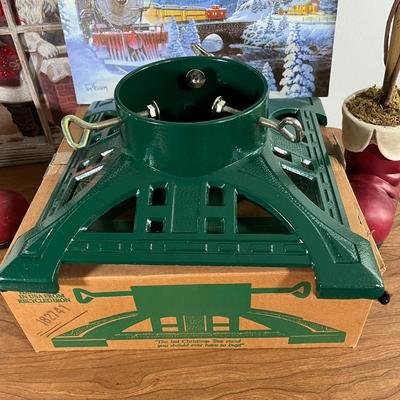 LOT 96L: Christmas Decor - Heavy Duty Heirloom Iron Christmas Tree Stand, Topiaries, Light-Up Pictures